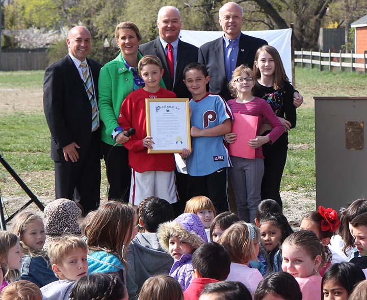 Principal Anthony Abeal, Freeholder Serena DiMaso, Freeholder John P. Curley and Freeholder Deputy Director Gary J. Rich, Sr. celebrate Arbor Day with students of West Belmar Elementary School on April 25, 2014 in Wall, NJ.